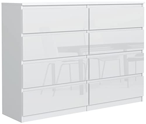 meble masztalerz Kommode 120 cm Weiss mit Hochglanz-Fronten mit 8 Schubladen - 120 x 101,5 x 39 cm - Sideboard Wohnzimmer, Schlafzimmer - Schubladenschrank - Komodenschrank von meble masztalerz