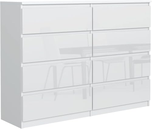 meble masztalerz Kommode 120 cm Weiss mit Hochglanz-Fronten mit 8 Schubladen - 120 x 101,5 x 39 cm - Sideboard Wohnzimmer, Schlafzimmer - Schubladenschrank - Komodenschrank von meble masztalerz
