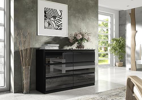 meble masztalerz Kommode 138,5 cm Schwarz mit Hochglanz-Fronten mit 6 Schubladen - 138,5 x 78,5 x 39 cm - Sideboard Wohnzimmer, Schlafzimmer - Schubladenschrank - Komodenschrank von meble masztalerz