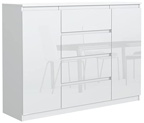 meble masztalerz Kommode 140 cm Weiss mit Hochglanz-Fronten mit 4 Schubladen und 2 Türen - 138,6 x 101,5 x 39 cm - Sideboard Wohnzimmer, Schlafzimmer - Schubladenschrank - Komodenschrank von meble masztalerz