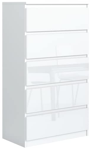 meble masztalerz Kommode 70 cm Weiss mit Hochglanz-Fronten mit 5 Schubladen - 70 x 124,5 x 39 cm - Sideboard Wohnzimmer, Schlafzimmer - Schubladenschrank - Komodenschrank von meble masztalerz
