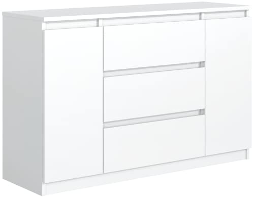 meble masztalerz Kommode Weiss Matt mit 3 Schubladen und 2 Türen 120 cm, Sideboard Wohnzimmer, Schlafzimmer H: 78,2 cm, B: 120,4 cm, T: 39 cm Kommode mit Schubladen, Schubladenschrank von meble masztalerz