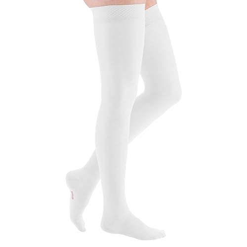 medi mediven elegance | Atmungsaktive Kompressionsstrümpfe Oberschenkellang | Mit Komfortsohle | Größe: IV | KKL 1 | Farbe: Weiß | Normal | Geschl. Spitze | Flächen-Haftband Rose von medi