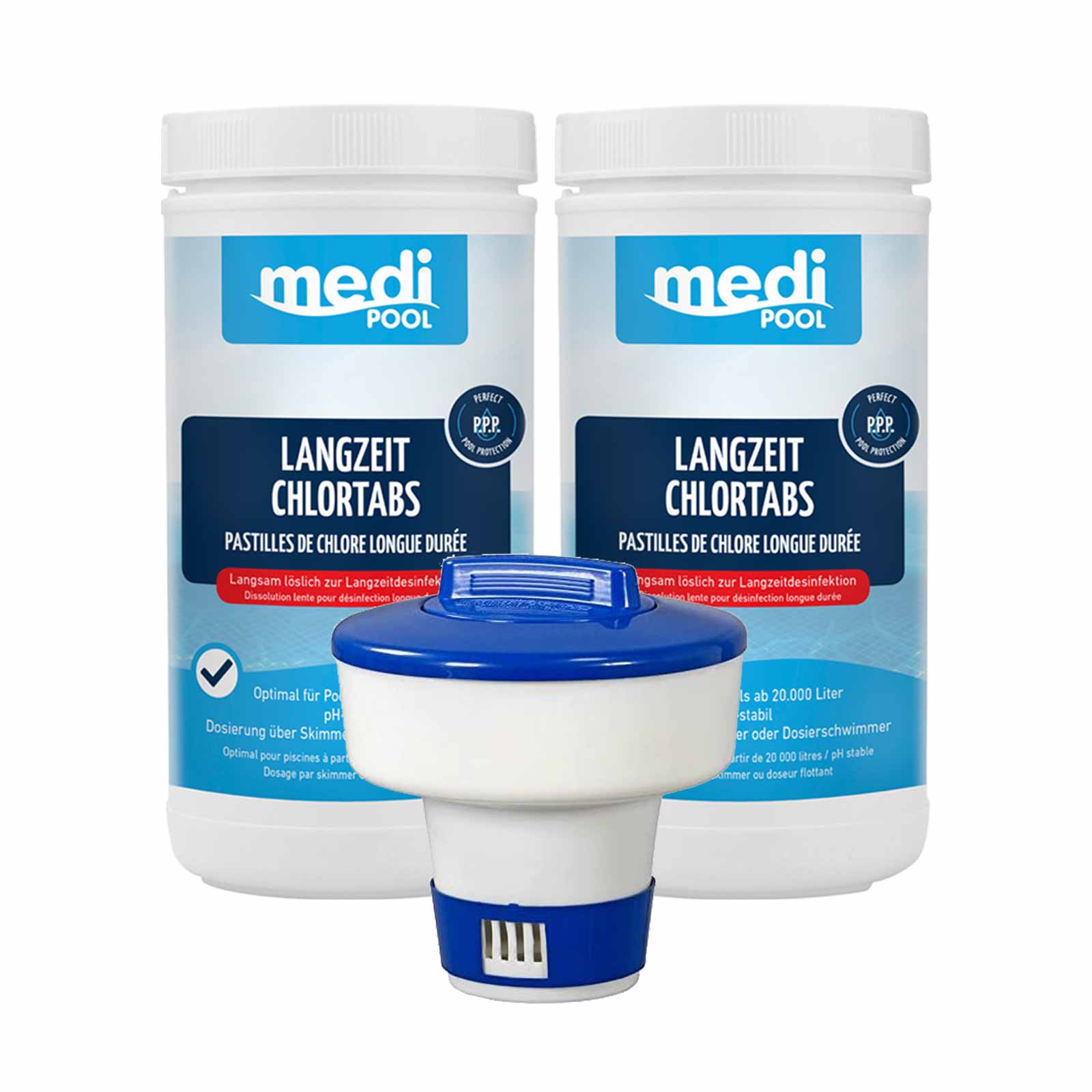 mediPOOL Langzeit-Chlor Tabs 2x 1kg + Schwimmdosierer, Chlor Desinfektion Pflege von mediPOOL