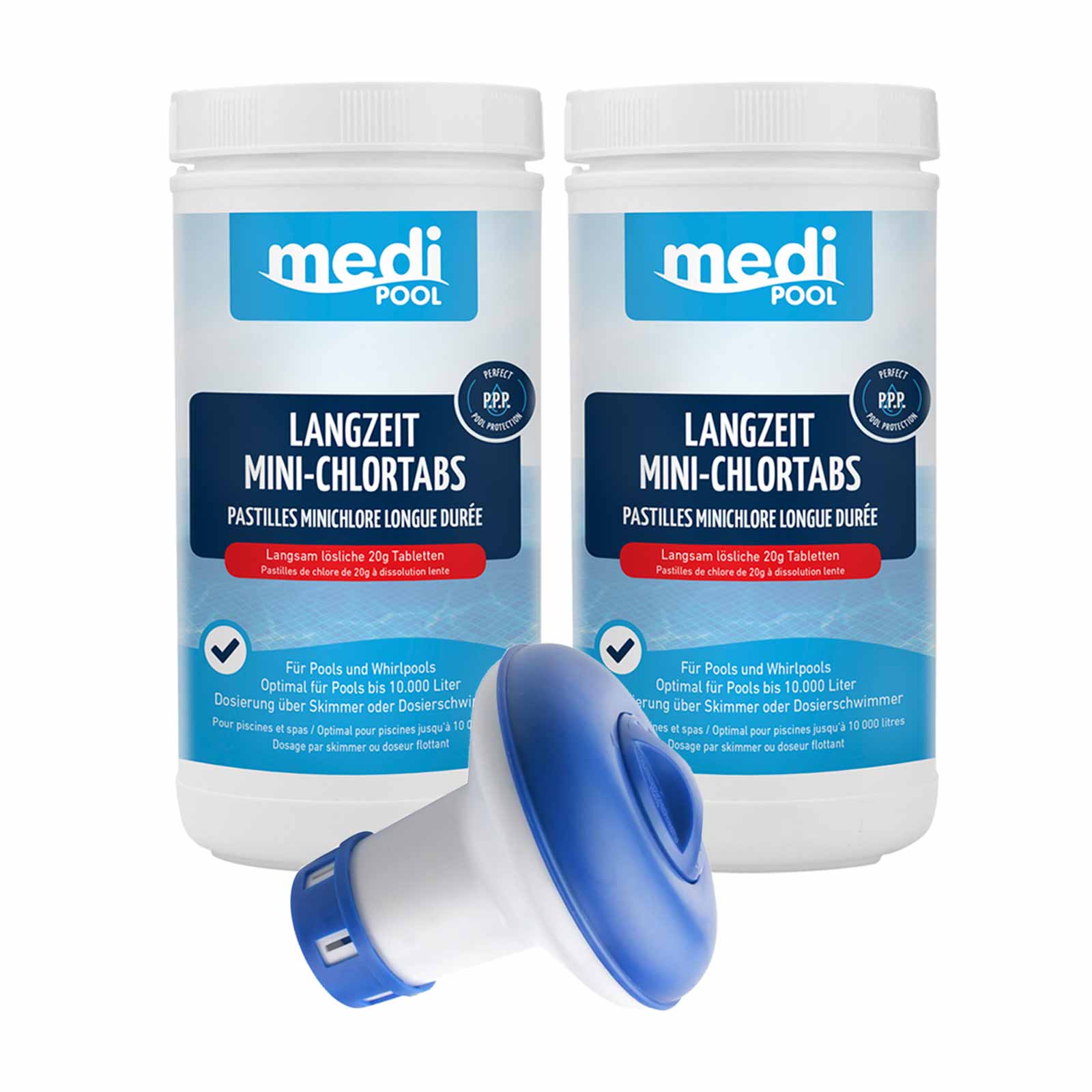 mediPOOL Langzeit-Minichlor Tabs 2x 1 kg + Schwimmdosierer, Chlor Desinfektion von mediPOOL