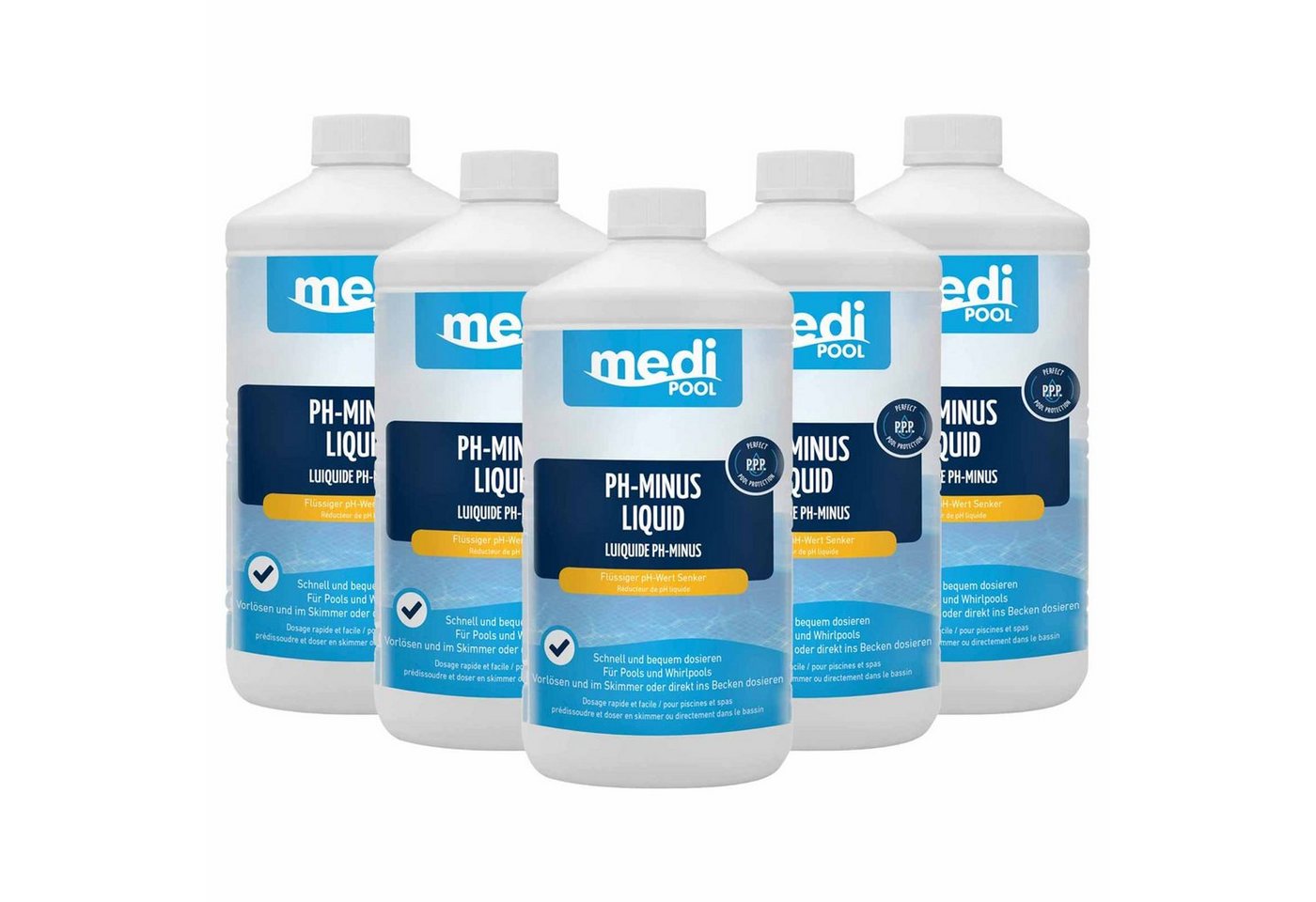 mediPOOL Poolpflege mediPOOL pH-Minus Liquid 5x 1L, pH Senker, Wasserpflege, Flüssigchlor, (Set) von mediPOOL