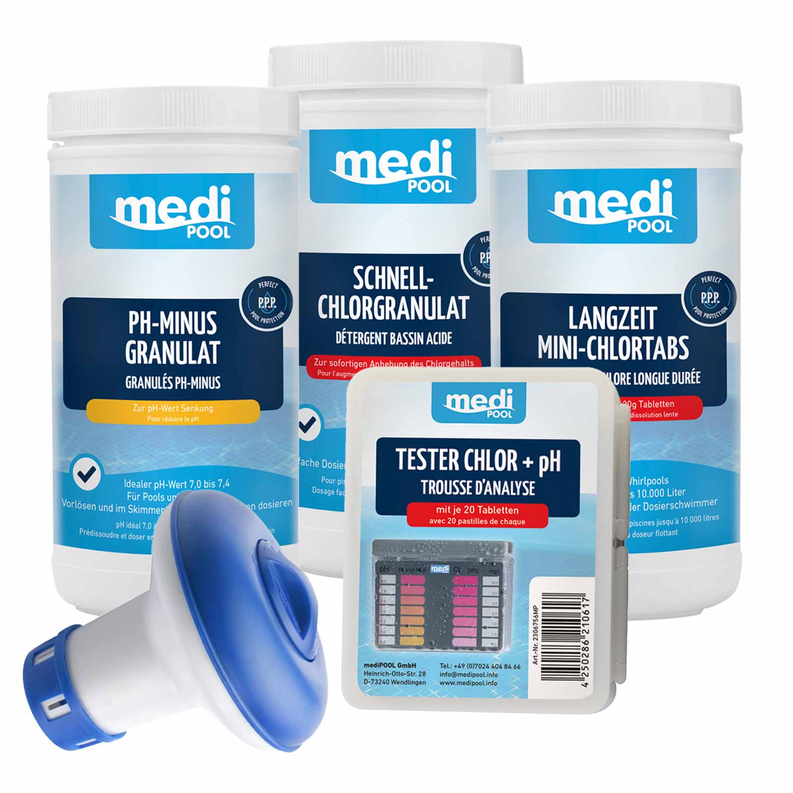 mediPOOL Wasserpflege Tester pH-Minus Schnell- u. Langzeit-Chlor Schwimmdosierer von mediPOOL