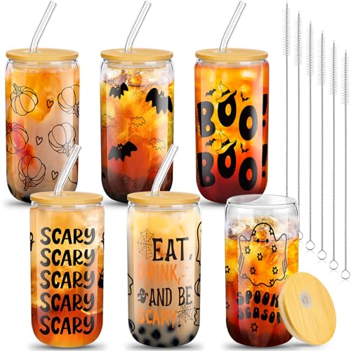meekoo Halloween-Glasbecher, 473 ml, Eiskaffeetassen, Kürbisse, Fledermaus, Geist, Biergläser mit Deckel und Strohhalmen, gruselige Tasse, Einmachglas, Glas für Halloween-Party (klassisch), 6 Stück von meekoo