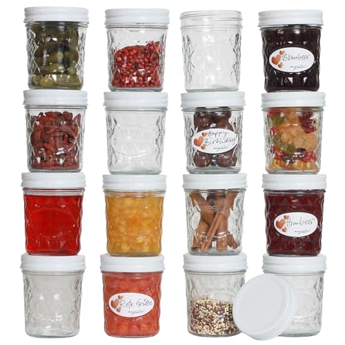 megusta!® 12 Einmachgläser 200 ml | Diamant-Muster | Deckel weiß | Marmeladengläser Dessertgläser Babygläser Joghurtgläser | + 16 passende Etiketten von megusta