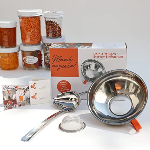 megusta!® Einmach-Set 3-teilig | Schöpflöffel Edelstahl | Trichter Edelstahl | für Marmelade, Gurkensud, Öl | feines Sieb | + Label für Einmachgläser von megusta
