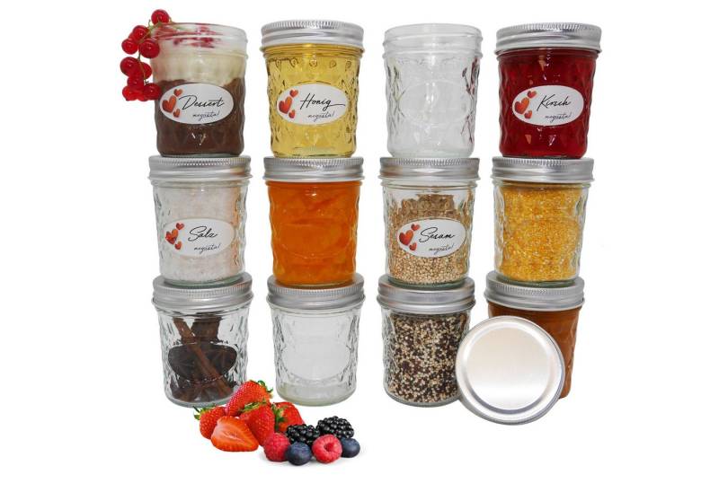 megusta! Einmachglas Diamantdesign, 200ml, Marmeladenglas Gewürzglas Backen Einfrieren, (12er Set), Marmeladengläser Dessertgläser Gewürzgläser mit Schraubdeckel von megusta!