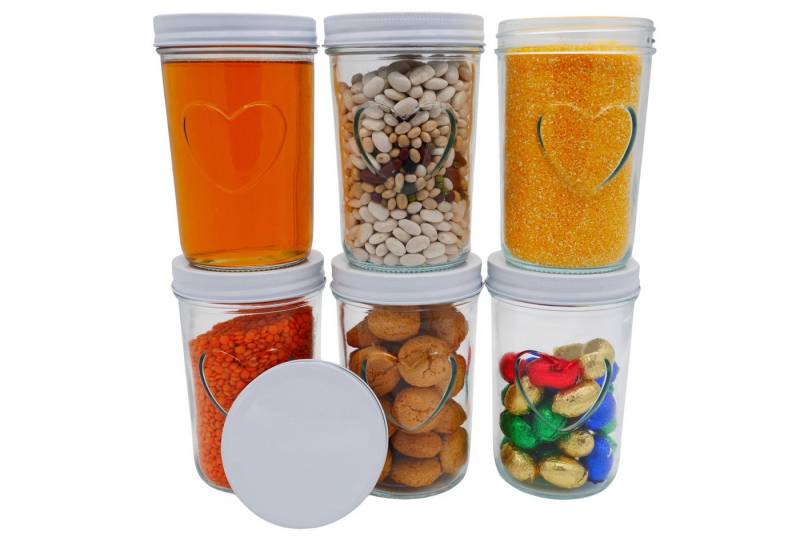 megusta! Einmachglas mit Herz, 500 ml, Vorratsglas Einweckglas Gurkenglas Bonbonglas, (6er Set, 6er Set), Deckel Aluminium rostfrei + luftdicht, passende Etiketten dabei von megusta!