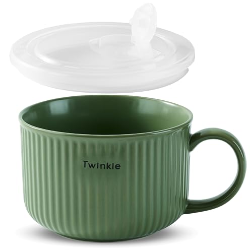 mehrido Keramik Suppenschalen mit Griff und Deckel, 750 ml Große Suppentasse für Suppe, Instant-Nudel, Müsli, Suppenbehälter, Mikrowellen- und Spülmaschinenfest (Green With Clear Lid) von mehrido