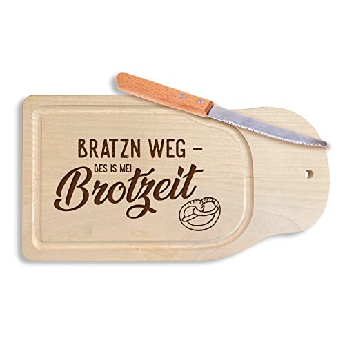 Bavariashop - Brotzeitbrett "Bratzn weg - des is mei Brotzeit!" Schneidebrett aus Ahorn-Holz, Frühstücksbrett mit Messer von Bavariashop