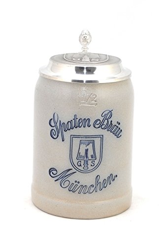 Bierkrug Spaten-Bräu Steinkrug mit Zinndeckel salzglasiert, 0,5 Liter Fassungsvermögen, Steinzeug, Geschenkidee aus Bayern von Bavariashop