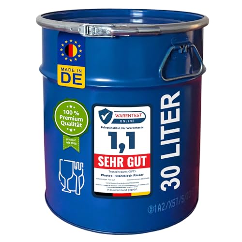 Stahlfass 30 Liter Hobbock Deckelfass Metall Blechfass Behälter | 2 Seitlichen Fallgriffen | Zyklon Staubabsaugung Geeignet | Stabil gefüllt Stapelbar von Meier