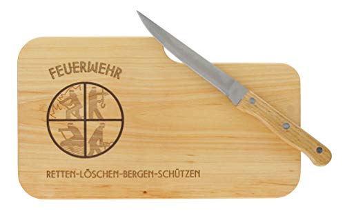 LASERHELD | Brotzeitbrett Holz mit Gravur “Feuerwehr” & Messer | 26 x 15 cm | Frühstücksbrettchen Holz Schneidebrett Jausenbrett | Geschenk für Feuerwehrleute zum Vatertag Feuerwehr von LASERHELD