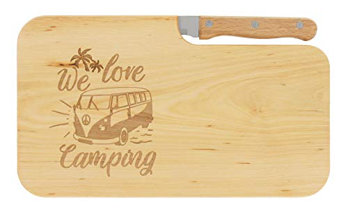 LASERHELD | Brotzeitbrett Holz mit Gravur "We Love Camping” & Messer | 26 x 15 cm | Frühstücksbrettchen Holz Schneidebrett Jausenbrett | Geschenk für Camper und Camping… von LASERHELD