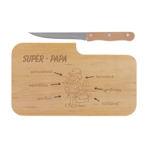 LASERHELD | Brotzeitbrett Holz mit Gravur “Super-Papa” & Messer | 26 x 15 cm | Frühstücksbrettchen Holz Schneidebrett Jausenbrett | Geschenk für Männer Papa Vatertag von LASERHELD