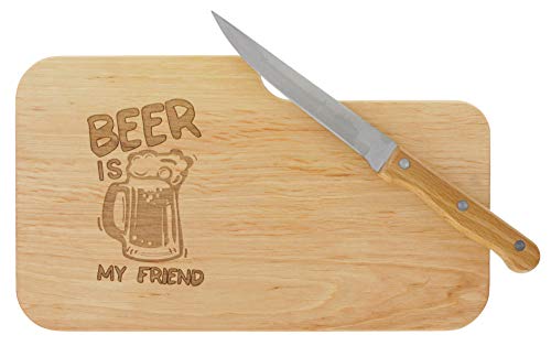 LASERHELD | Brotzeitbrett Holz mit Gravur “Beer is My Friend” & Messer | 26 x 15 cm | Frühstücksbrettchen Holz Schneidebrett Jausenbrett | Geschenk für Männer als Vatertagsgeschenk von LASERHELD