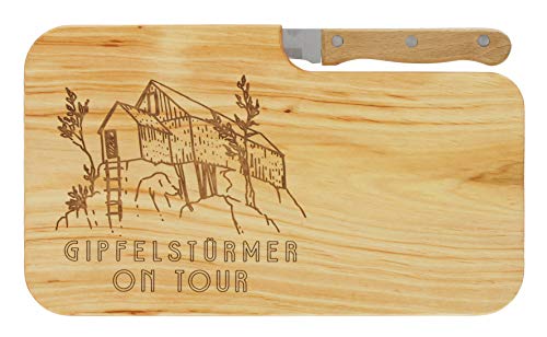 LASERHELD | Brotzeitbrett Holz mit Gravur “Gipfelstürmer on Tour” & Messer | 26 x 15 cm | Frühstücksbrettchen Holz Schneidebrett Jausenbrett | Geschenk für Wanderer und Bergfreunde zum Vatertag von LASERHELD