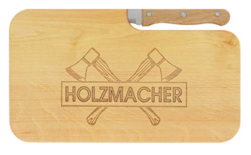 LASERHELD | Brotzeitbrett Holz mit Gravur “Holzmacher” & Messer | 26 x 15 cm | Frühstücksbrettchen Holz Schneidebrett Jausenbrett | Geschenk für Holzmacher Holzfäller als Vatertagsgeschenk… von LASERHELD