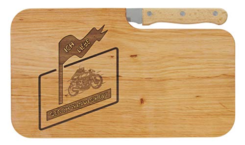 LASERHELD | Brotzeitbrett Holz mit Gravur “Ich liebe Geschwindigkeit” & Messer | 26 x 15 cm | Frühstücksbrettchen Holz Schneidebrett Jausenbrett | Geschenk für Rennfahrer zum Vatertag von LASERHELD