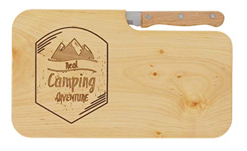 LASERHELD | Brotzeitbrett Holz mit Gravur "Real Camping Adventure” & Messer | 26 x 15 cm | Frühstücksbrettchen Holz Schneidebrett Jausenbrett | Geschenk für Camper und Camping von LASERHELD