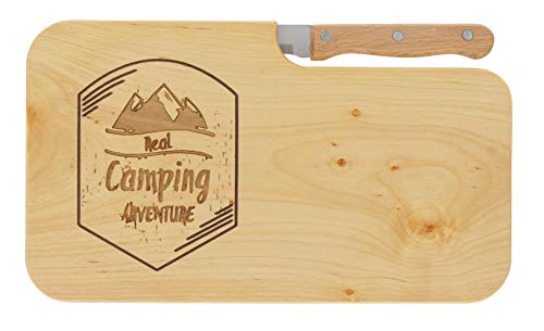 LASERHELD | Brotzeitbrett Holz mit Gravur Real Camping Adventure” & Messer | 26 x 15 cm | Frühstücksbrettchen Holz Schneidebrett Jausenbrett | Geschenk für Camper und Camping von LASERHELD