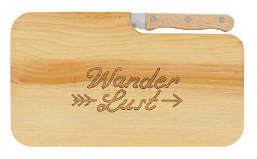 LASERHELD | Brotzeitbrett Holz mit Gravur “Wanderlust” & Messer | 26 x 15 cm | Frühstücksbrettchen Holz Schneidebrett Jausenbrett | Geschenk für Wanderer und Bergfreunde zum Vatertag von LASERHELD