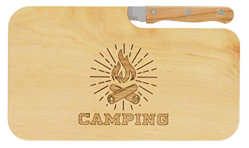 LASERHELD | Brotzeitbrett Holz mit Gravur “Camping” & Messer | 26 x 15 cm | Frühstücksbrettchen Holz Schneidebrett Jausenbrett | Geschenk für Camper und Camping von LASERHELD