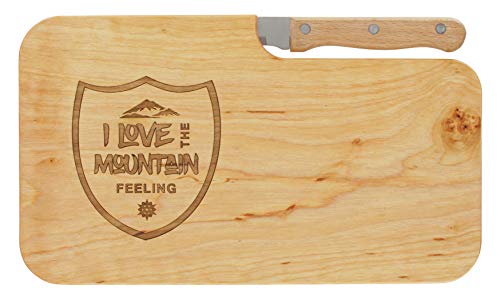 LASERHELD | Brotzeitbrett Holz mit Gravur “I Love The Mountain Feeling” & Messer | 26 x 15 cm | Frühstücksbrettchen Holz Schneidebrett Jausenbrett | Geschenk für Wanderer und Bergfreunde zum Vatertag von LASERHELD