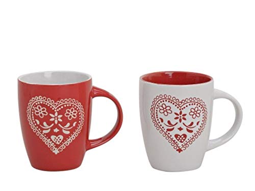 2 Tassen Becher aus Keramik Herzdekor rot/weiss sortiert 250ml Höhe 10cm von meindekoartikel