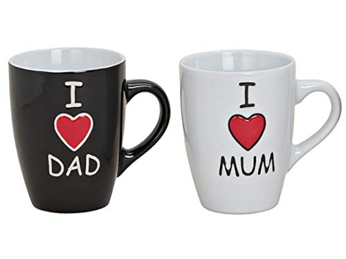 2er Becher-Set - I Love Dad und I Love Mum aus Keramik 2-fach sortiert (weiss schwarz) Höhe 10cm Inhalt 300 ml - Kaffeetasse Teetasse Becher Tasse von meindekoartikel