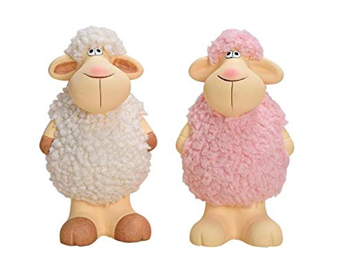 2er Set Deko Figur süße Schafe mit Kunstfaserfell aus Ton weiß/pink B10xH17xT8cm von meindekoartikel