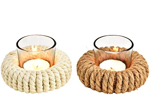 2er-Set Windlichter Teelichthalter aus Glas in Maritimen Dekor mit Juteseil (Beige/Braun) B10xH7xT10cm von meindekoartikel