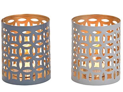 2er-Set Windlichter mit stilvollen Muster aus Metall 2-Fach Sortiert (grau) Ø 8cm x Höhe 10cm – Teelichthalter Kerzenhalter Kerzenständer Tischdeko Geschenkidee von meindekoartikel