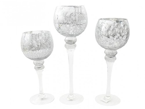 3er Set Windlichter Kelch aus Glas im Cracking Look Silber Höhe 30, 35, 40cm x Ø13cm von meindekoartikel