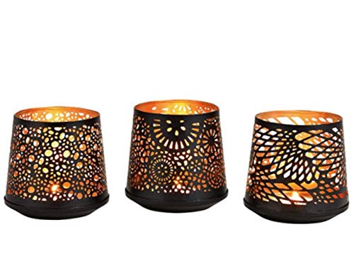 3er-Set Windlichter aus Metall 3-Fach Sortiert mit tollen Ornamenten - Teelichthalter Kerzenhalter konisch (schwarz - Gold) Ø 10 x Höhe 11 cm von meindekoartikel