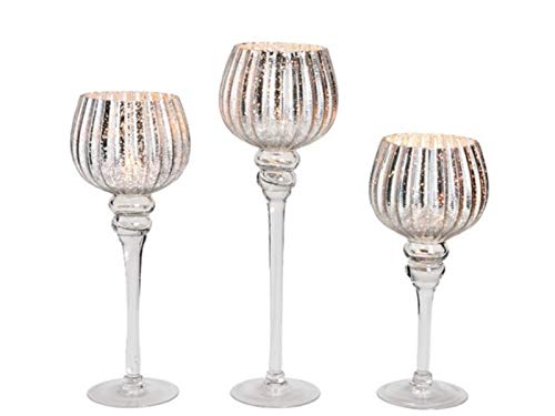 3er Windlicht Set Kelch mit Fuß aus Glas Höhe 30, 35, 40 x Ø13cm (Silber - Rillen Look) von meindekoartikel