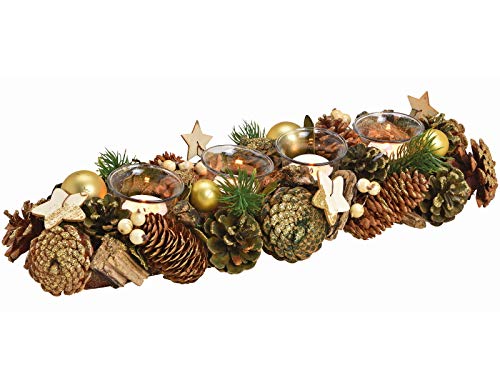 Adventsgesteck Weihnachtsgesteck aus Holz und Kunststoff mit 4 Windlichter aus Glas für Teelichter (braun-Gold) B45 x H9 x T17cm von meindekoartikel