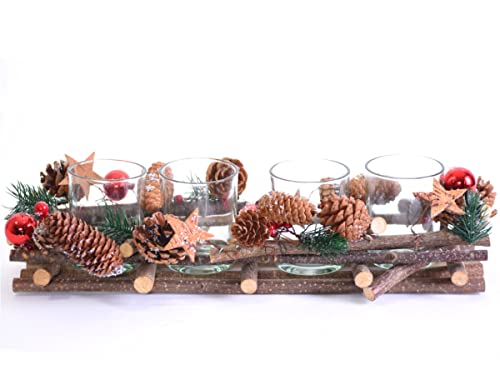 Adventsgesteck mit 4 Teelichthalter Weihnachts Dekor aus Holz Glas Kunststoff - Weihnachtsgesteck (bunt) B40 x H10 x T17cm von meindekoartikel