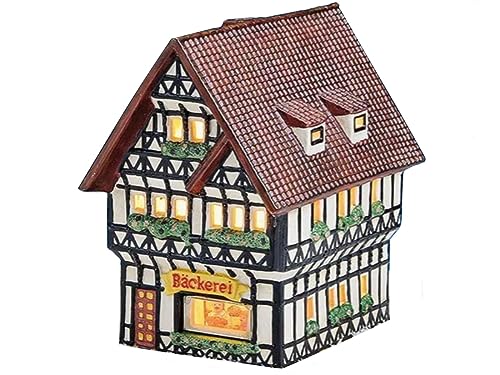 Bäckerei Fachwerkhaus aus Porzellan – Windlicht Lichthaus Miniatur-Modell - B11 x H16 x T17 von meindekoartikel