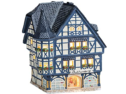 Buchhandlung aus Porzellan mit Glasscheibe Fachwerkhaus Lichthaus Windlicht Miniatur-Modell B15 x T15 x H17cm von meindekoartikel