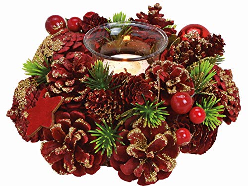 Deko-Kranz aus Holz und Kunststoff mit Windlicht aus Glas für Teelicht - Weihnachtsgesteck Adventsgesteck (rot-Gold) Ø20 x H9cm - Adventsgesteck Rot Gold Winterdeko Dekoration Kerzenhalter von meindekoartikel