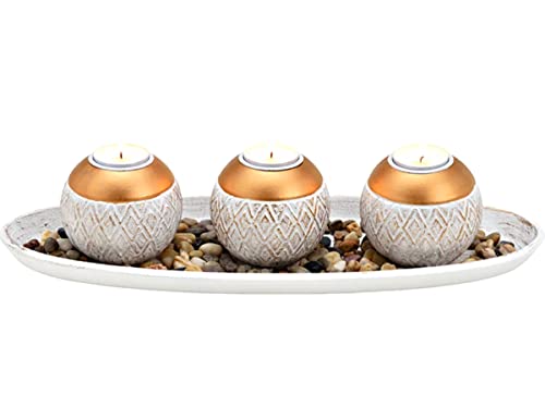 Deko-Set mit 3 Teelichthalter auf Tablett aus Holz mit Steinen (Weiß/Gold) B39xH10xT14cm von meindekoartikel
