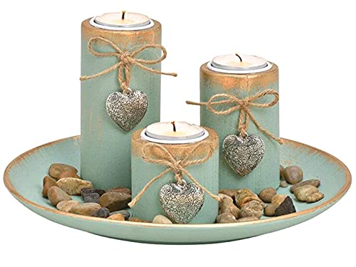 Deko-Set mit 3 Teelichthalter mit Herzen auf Teller aus Holz mit Steinen D25cm x H13cm (GRÜN - RUND) von meindekoartikel