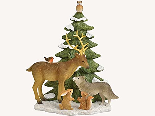 Dekofigur Hirsch stehend mit Freunde in Winterwald aus Poly - Weihnachtsdekoration Winterszene (bunt) B18 x H21 x T10cm von meindekoartikel