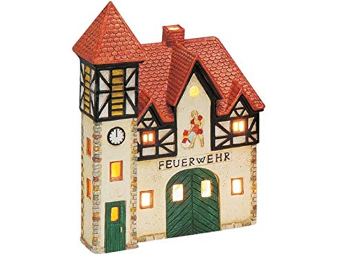 Feuerwehr aus Porzellan – Windlicht Lichthaus Miniatur-Modell – B16 x T10 x H22 cm - detailgetreues Dekohaus für Weihnachtsdorf Miniaturwelt Winterdeko Sammlerobjekt Weihnachtsdekoration von meindekoartikel