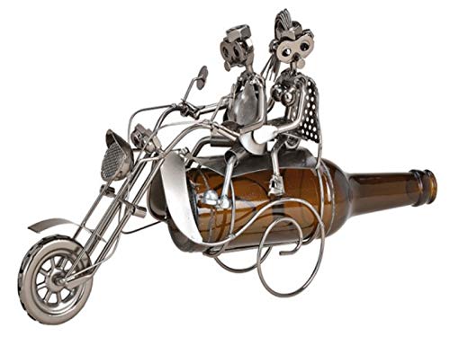 Figur Flaschenhalter für Bierflasche"Paar auf Motorrad" aus Metall (silber) Breite 26cm x Höhe 20cm x Tiefe 10cm von meindekoartikel